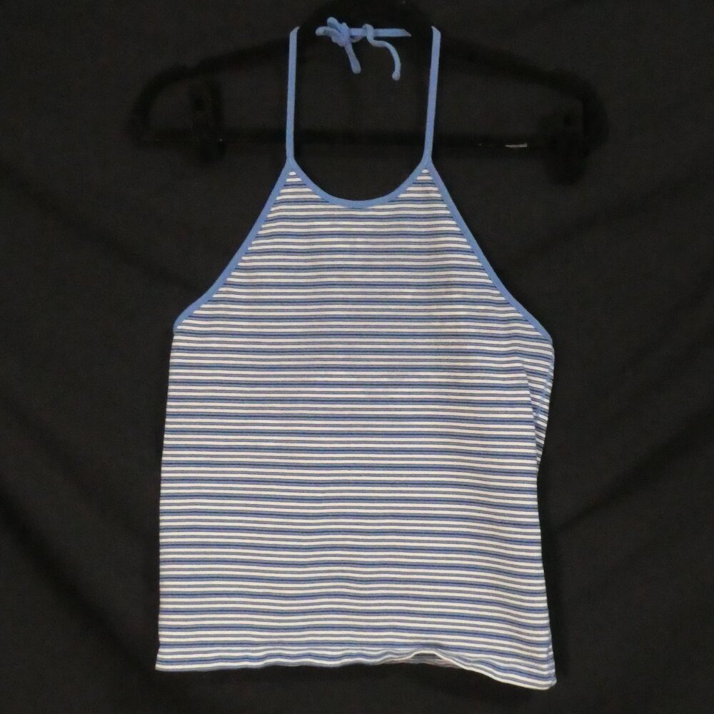 Y2K - GAP - Stretch | medium | Blue and White Striped Halter Top | Open Back